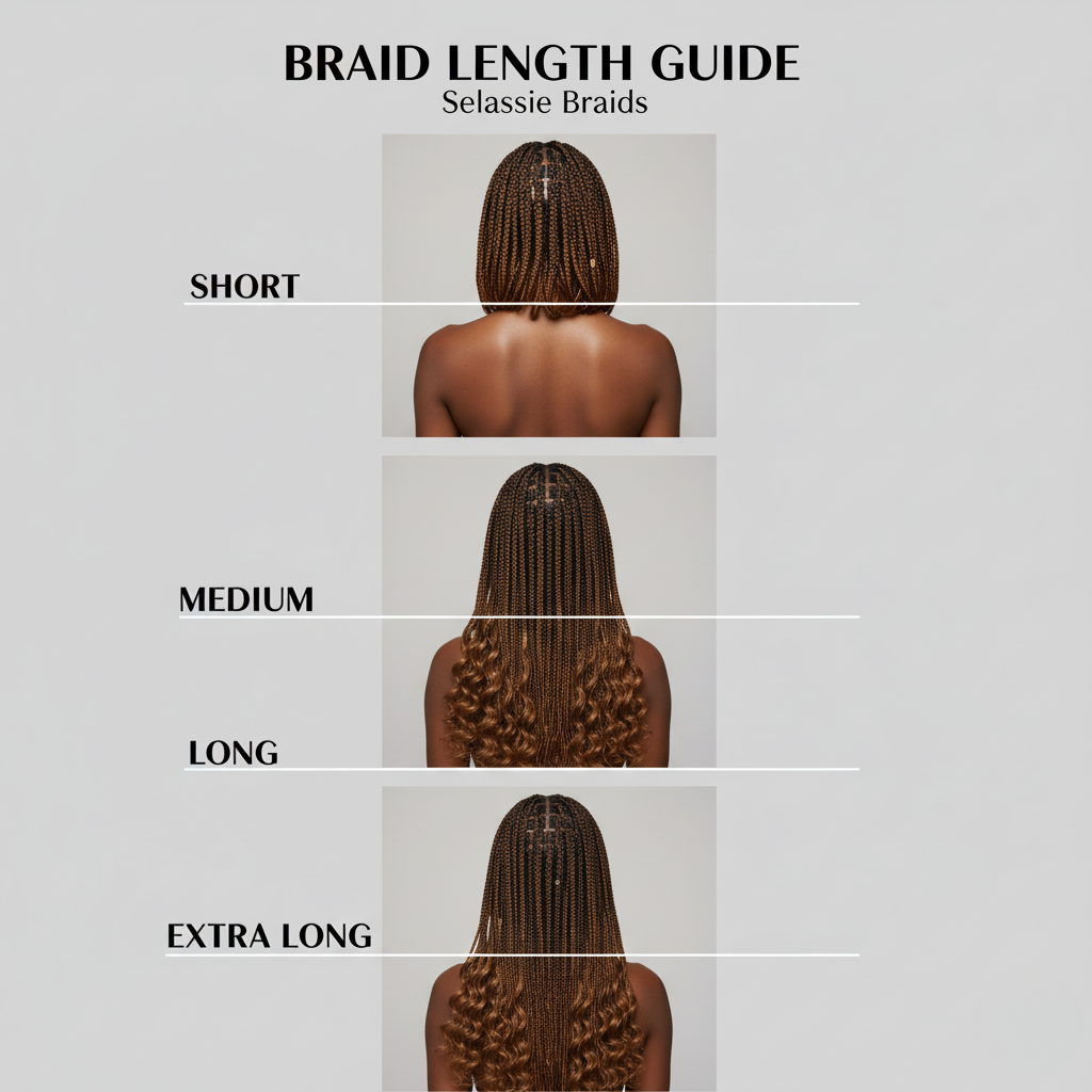 Visual guide showing a woman from the back with Knotless Braids, illustrating four different length options: Short (shoulder-length), Medium (bra-strap length), Long (waist-length), and Extra Long (hip-length).