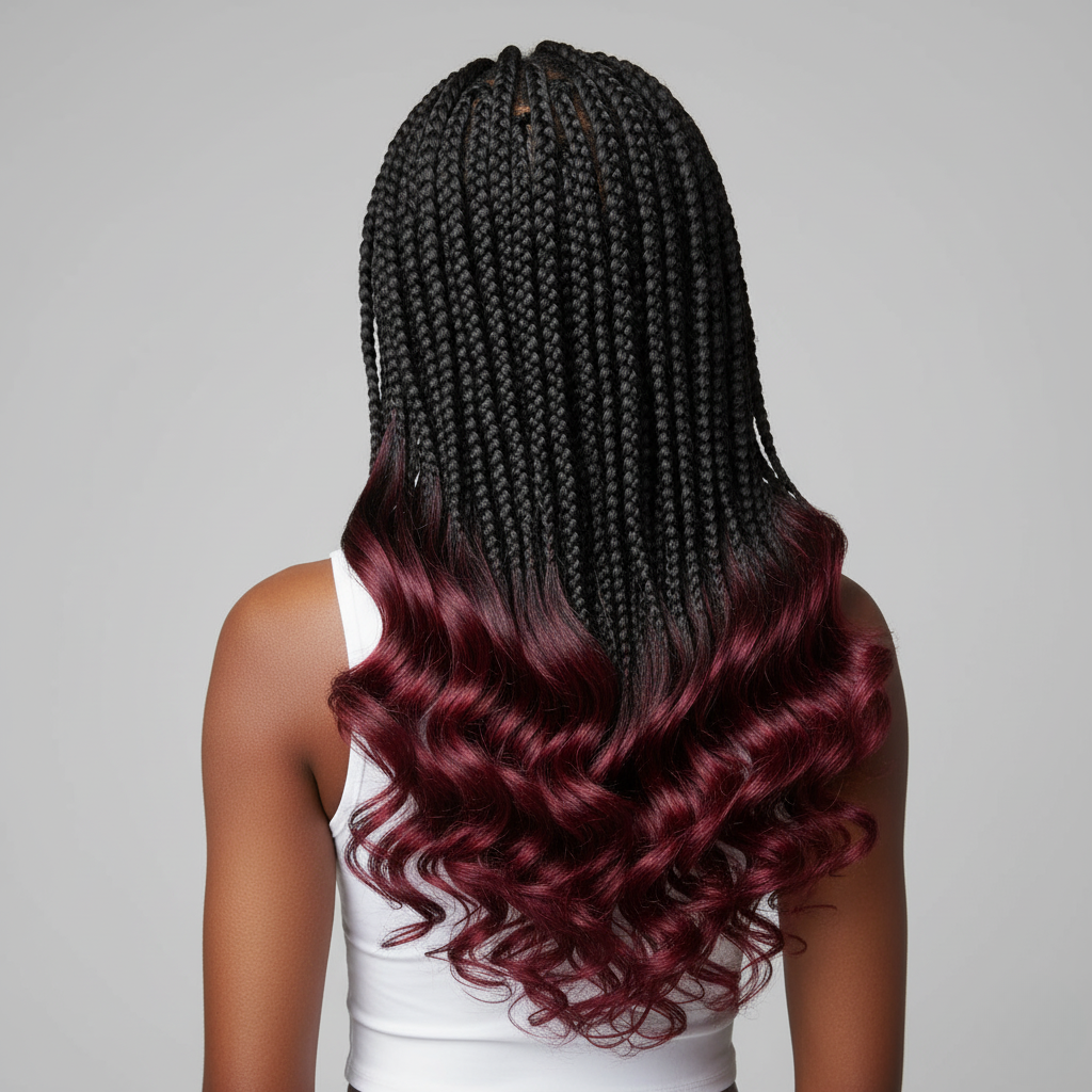 Back view of a woman with Royal Boho Knotless Braids featuring a striking ombre transition from jet black to rich burgundy curly ends, on a light grey background.